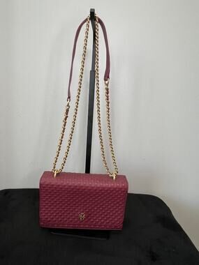 Tory Burch Marion Embossed Shrunken Mini Burgundy Leather Chain Bag